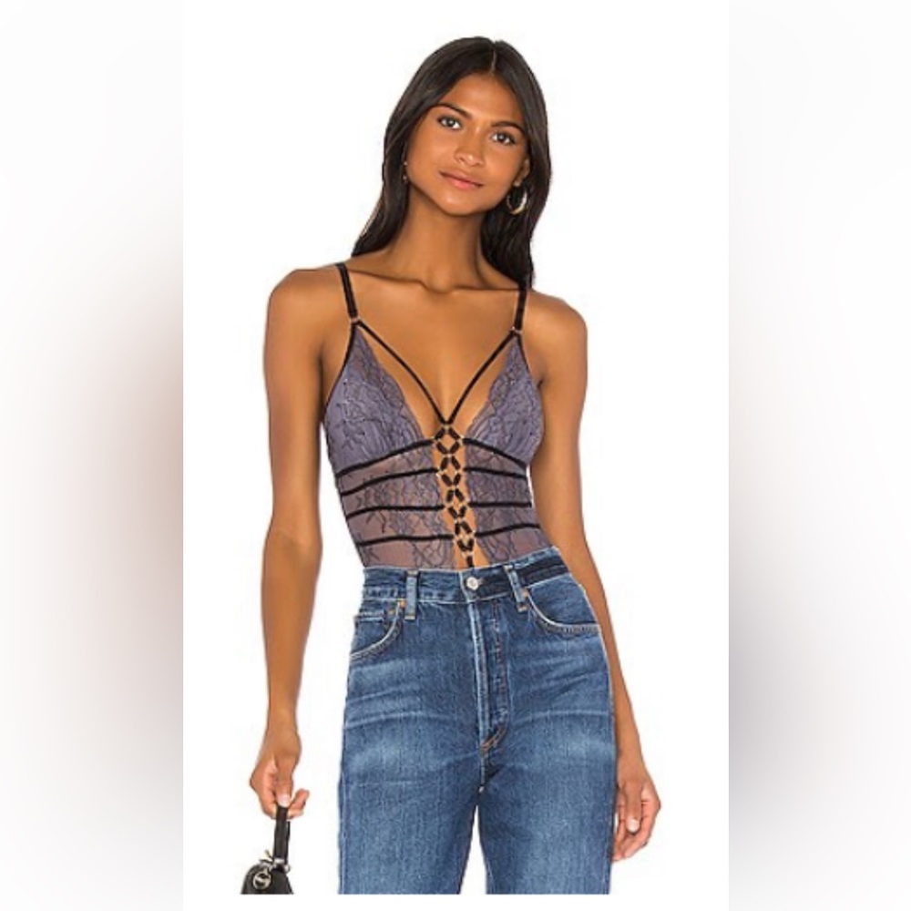 Revolve blue and black lace cutout bodysuit size small